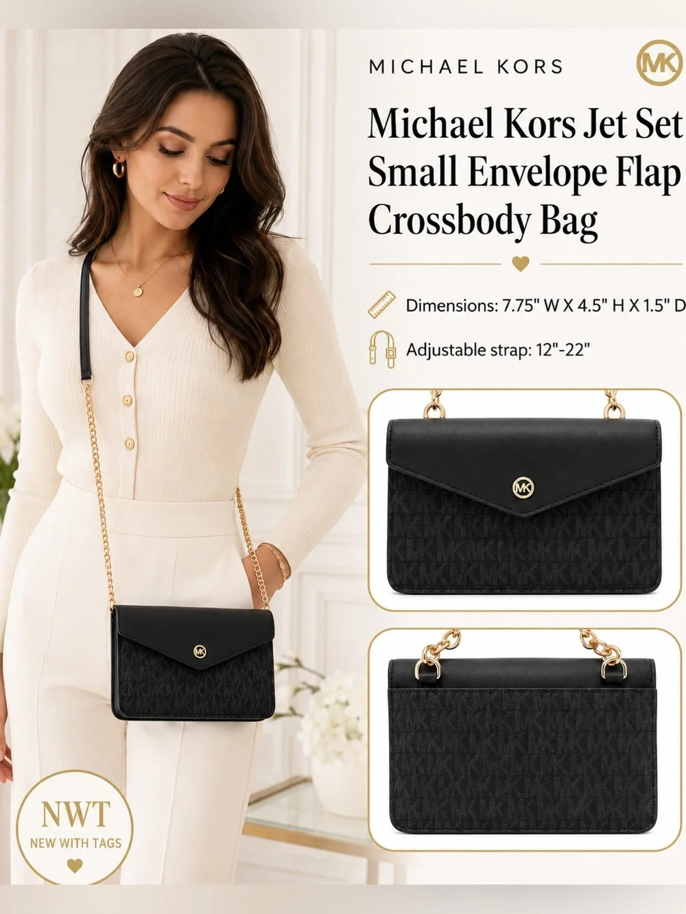 Michael Kors Jet Set Small Envelope Flap Crossbody Bag Gold Hardware